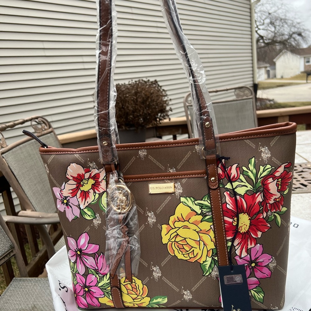 NWT RARE U.S. Polo Assn. Floral Tote Bag - Brown with Pink and Yellow flowers 🌺 - Picture 5 of 12
